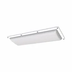 This linear LED light features a steel housing with NEMA 1 rating, suitable for indoor dry locations. It delivers 4000K color temperature at 40 W, operates on 120/277V AC, and measures 2 ft long by 9 in wide by 1 3/4 in high. No emergency battery backup included.