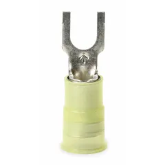 Nylon-insulated block fork terminal for terminating 12 AWG to 10 AWG wire to a #8 stud. Rated 600 V. The block fork design allows quick disconnect without fully removing the stud nut. Yellow insulation grip barrel.