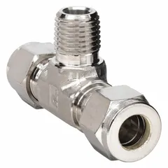 This double-ferrule stainless steel tee fitting connects three tubing lines in industrial fluid or gas systems. It is used in instrumentation, process control, and hydraulic applications requiring leak-free, vibration-resistant connections. Compatible with Parker A-LOK fittings.