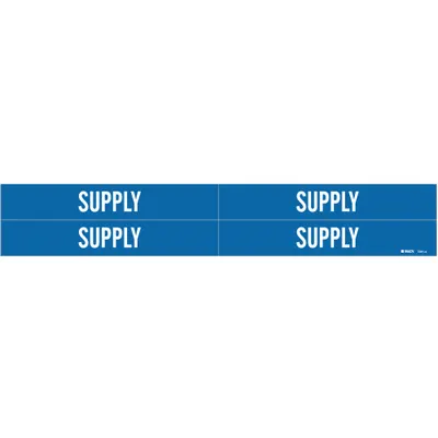 BRADY Pipe Marker: Supply, Blue, White, Fits 3/4 to 2 3/8 in Pipe O.D., 4 Pipe Markers - Supply Adhesive Pipe Markers