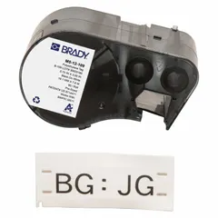 Precut rectangular tag roll cartridge with corner holes, containing 80 polyethylene tags measuring 3/4 in x 3 in. Tags are black on white with a matte finish, rated for outdoor use. Compatible with BMP51 printer series for on-demand printing. Suitable for asset tagging, equipment marking, and safety labeling in industrial environments.