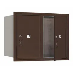 Horizontal multi-unit mailbox with two lockable front doors, designed for recessed mounting. Dimensions: 23 7/8 in height, 31 1/8 in width, 16 1/2 in depth. Suitable for centralized mail collection in multi-tenant residential or commercial buildings.