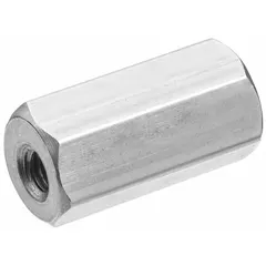This brass standoff features a female x female hex design with zinc plating and 2B thread class. Fully threaded with a 3/8 in overall length, it is used to create precise spacing between panels or components in assemblies such as electrical enclosures and machinery.