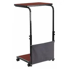 This manual-adjustment mobile laptop desk features a steel frame and red laminate desktop. Desktop height adjusts from 27 1/2 in to 46 3/4 in. Four locking casters provide mobility and stability. Meets ANSI/BIFMA standards.