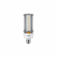 Medium screw base (E26) high-output LED lamp in a corncob ED23-1/2 shape. 27 W with selectable color temperature: 3000K, 4000K, or 5000K. Suitable for general lighting in commercial and industrial fixtures such as floodlights, high-bay lights, and outdoor area lights. Not shatter-resistant.