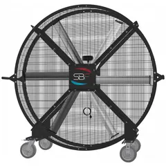 This SKYBLADE floor fan features a 72-inch aluminum blade and direct-drive motor with variable speed control. Operating on 120V AC, it delivers high-volume airflow for cooling and ventilation in large spaces such as warehouses, factories, and distribution centers.