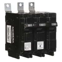 Three-pole miniature circuit breaker rated 50 A at 240V AC, with a maximum interrupting rating of 65kA at 240V AC. Designed for bolt-on mounting in P1 panelboards, providing overcurrent protection in three-phase electrical distribution systems