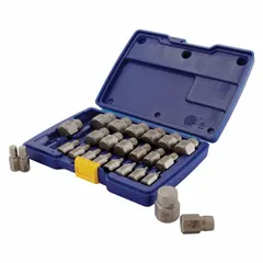 This 25-piece multispline extractor set is designed for removing broken, stripped, or damaged screws from metal, wood, or plastic. The extractors accommodate screw sizes from #12 to 1-11/16 in and are used with a tap wrench or drill. The multispline geometry provides a secure grip on the screw shank for efficient extraction.