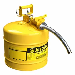 This 5-gallon Type II safety can is designed for dispensing diesel fuel. It includes a 1-inch OD hose and is finished in yellow. Suitable for safely transferring fuel to equipment in industrial environments.