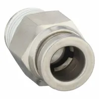 This SMC stainless steel tube fitting features a push-to-connect connection on one end and a 1/8" male NPT thread on the other. It is used to connect tubing in pneumatic systems, providing a secure, leak-free joint. The corrosion-resistant stainless steel construction suits industrial environments
