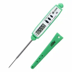 This digital pocket thermometer features a thin tip for precise temperature measurement in fish, poultry, meat, and other foods. It has an LCD display, plastic case, and an accuracy of ±0.5 °F or ±0.3 °C. The thermometer includes a temperature guide and is NSF certified for food safety applications.