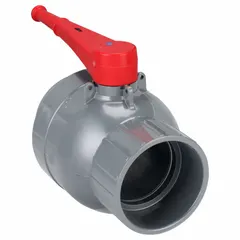 This 6-inch PVC straight ball valve features socket x socket connections and a maximum pressure rating of 150 psi CWP. It is manually operated for on/off flow control in industrial piping systems handling water, chemicals, or process lines.