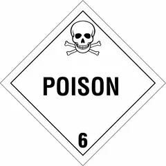 This placard is used for identifying containers holding Class 6 toxic, poison inhalation, or infectious substances during transport and storage. It measures 10 3/4 inches by 10 3/4 inches and displays a 'Poison 6' message for hazard communication.