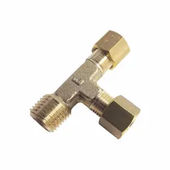 Brass compression tee fitting with standard sleeve design. Connects and branches tubing in fluid systems. Configuration: 1/8 in pipe thread x 6 mm OD x 4 mm OD.