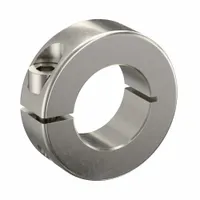One-piece stainless steel shaft collar with a 25 mm bore diameter and 15 mm collar width. Clamp-on design for secure positioning on shafts. Used to locate components, limit axial movement, or serve as a mechanical stop in power transmission assemblies