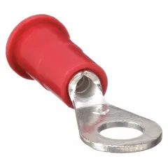 Vinyl insulated ring terminal for #10 stud size, accepting 22 AWG to 18 AWG wire. Rated 600 V. Suitable for power distribution, control circuits, and general electrical connections requiring secure termination.