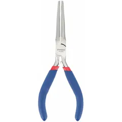 Smooth-jaw needle-nose pliers with a 1-1/4 in jaw length and 1/8 in tip width, suited for precision gripping and bending in confined spaces. The 5-7/8 in overall length provides reach for tasks such as electrical work, jewelry making, and fine assembly.