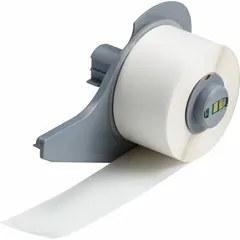 Continuous label roll made of polyester with a clear gloss finish, measuring 1 inch by 50 feet. Designed for indoor use and thermal transfer printing with the BMP71 printer series. Used for asset identification, cable marking, and general labeling applications.