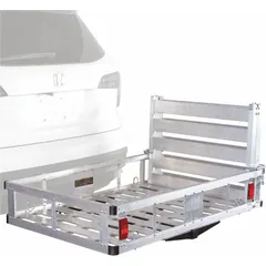 This hitch-mount cargo carrier is constructed of silver aluminum and includes a ramp for loading and unloading. It is foldable for compact storage and compatible with Class IV hitches. Overall height is 7 1/2 inches. Suitable for transporting heavy or bulky items such as motorcycles, ATVs, or equipment.