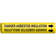 Yellow snap-on pipe marker with black legend reading 'Danger Asbestos Insulation' and directional arrows. Fits pipe outer diameters from 3/4 to 1-3/8 inches. Used to identify pipes containing asbestos insulation in industrial facilities, power plants, and refineries.