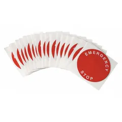 Round legend ring with red background and white 'Emergency Stop' text in English. Made of non-metallic polyester. Compatible with R4400 series. Overall diameter 2 3/8 in. Used to label push-button controls on industrial panels.
