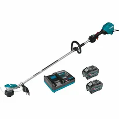 The MAKITA GRU01T is a battery-powered string trimmer with a 15 in cutting width and straight shaft. It is powered by a 5.0 Ah battery and is not capable of attachment use. Suitable for cutting grass and weeds in residential and commercial landscaping, providing cordless convenience for medium-duty outdoor maintenance.