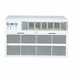 Residential-grade through-the-wall air conditioner for cooling only. Delivers 14,000 BtuH at 230V AC with a CEER rating of 8.5. Features a NEMA 6-15P plug and includes a remote control. Suitable for room cooling in residential settings.