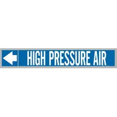 Blue adhesive pipe marker with white 'High Pressure Air' legend, designed for pipe outer diameters of 1-1/2 to 2 inches. Each roll contains 25 markers with arrows to indicate flow direction. Used to identify compressed air lines in industrial piping systems.