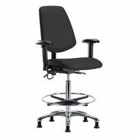 This ESD-safe task chair features a vinyl seat and back, an aluminum base, and a foot support. It includes arms and offers a height range of 26-1/4 in to 36 in, with seat width 18-1/2 in and depth 17 in. Back tilt adjusts 10.5° forward to 13.5° backward; seat tilt adjusts 8° forward to 3° backward. Suitable for environments requiring static control, such as electronics assembly and laboratory settings