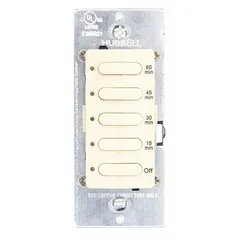 Digital pre-set countdown timer for automatic shut-off of lights, fans, or other loads after a set period. Features SPST switch, 15-minute minimum to 1-hour maximum timing range, 120/277V AC operation, and ivory finish. No hold function included. Wall plate not included.