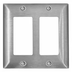General purpose wall plate for decorator-rocker switches. Constructed of stainless steel. 2-gang, standard size. Covers and protects switches in electrical installations.