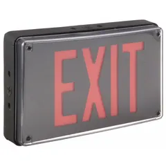 Vandal-resistant exit sign with one red face, constructed of black aluminum and LED illumination. Operates on 120/277 V AC with nickel-cadmium emergency battery backup. Overall height 8 3/4 inches. Suitable for egress marking in industrial and public areas.