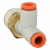 This SMC push-fit tee fitting connects a 1/4 in pipe thread branch to two 3/16 in OD tube ports. Made of polybutylene and brass, it is white in color. Used in pneumatic systems to split an air line into two branches for applications such as industrial automation and packaging