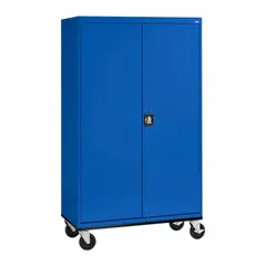 This mobile shelf cabinet from SANDUSKY is constructed of steel with a blue powder-coated finish. It includes four adjustable shelves, a recessed door handle, and a three-point locking system for security. The cabinet is mounted on casters for easy repositioning, making it suitable for storage in industrial facilities, warehouses, and workshops.