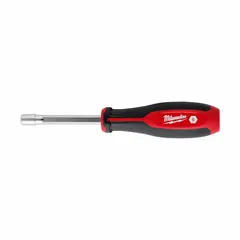 This MILWAUKEE nut driver features a HollowCore™ pass-through design for driving metric hex fasteners on threaded rods or studs. The 6 mm hex tip is non-magnetized, suitable for applications where magnetic interference is undesirable. It is commonly used in assembly, maintenance, and repair tasks requiring a straight, standard-length tool.