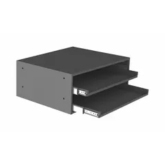 This gray cabinet is designed for organizing bearing components and other small parts in industrial settings. It accommodates two drawers and is stackable for vertical storage expansion. Suitable for use in workshops, maintenance facilities, and manufacturing plants.