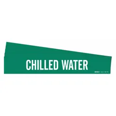 Green adhesive pipe marker with white legend text reading 'Chilled Water'. Designed for pipes with outer diameter of 8 inches and larger. Supplied without arrows. Each pack contains 5 markers. Used to identify chilled water lines in piping systems.