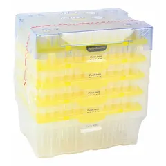 Non-sterile pipette tips made from biomedical grade plastic. 200 µL capacity, yellow color, no filter, universal fit for most pipettes. Supplied in a preconfigured rack of 960 tips for general laboratory liquid handling.