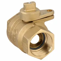 This two-way ball valve features a full port design for minimal pressure drop. Constructed of brass with a straight body and female NPT threads on both ends, it includes a locking tee handle for secure operation. Suitable for on/off flow control in water, oil, and gas piping systems.