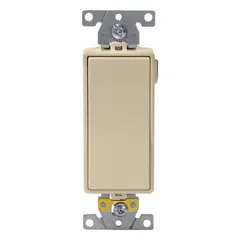 Single-pole maintained rocker switch with integral illumination for easy location in low-light conditions. Rated 20 A at 120/277V AC, suitable for general on/off control of lighting circuits in commercial and industrial environments. Ivory finish.