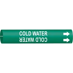 This snap-on pipe marker identifies cold water lines. It features a green background with white legend text and includes directional arrows. Designed to fit pipe outer diameters from 2-1/2 to 3-7/8 inches. Suitable for use in industrial and commercial piping systems for clear identification of cold water service.