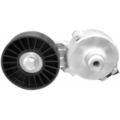 Self-adjusting belt tensioner with one pulley and 3 1/2 in outside diameter. Maintains proper tension in automotive serpentine or accessory belt drive systems, automatically compensating for belt stretch and wear.