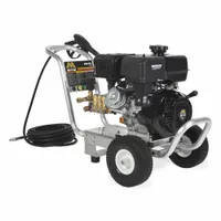 Gas-powered cold water pressure washer mounted on a cart. Delivers 4200 psi at 3.4 gpm. Rated for 20 hours of usable operation per week. Suitable for cleaning equipment, vehicles, and surfaces in industrial and commercial settings