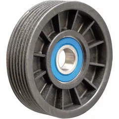 This DAYCO idler pulley is a serpentine, ribbed, flangeless flange pulley with 6 grooves, made of polymer for light-duty applications. It guides and tensions the serpentine belt in vehicle engine accessory drive systems, helping maintain proper belt alignment and reduce wear.
