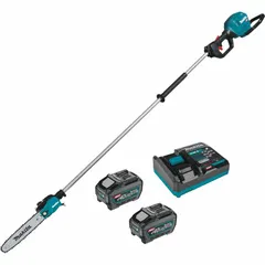 This battery-powered pole saw operates on a 40 V system with a 5.0 Ah battery. It features an adjustable reach from 8 ft to 8 1/8 ft, suitable for trimming and pruning tree branches and overhead foliage in landscaping and property maintenance.
