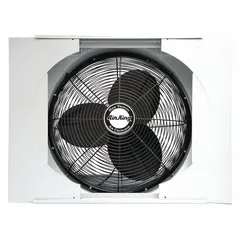 This window-mount whole house fan uses a 20-inch blade to move up to 3,560 cfm, covering areas up to 1,000 sq ft. It fits windows 27 to 38 inches wide by 26-1/4 inches high and operates on 115V AC single-phase power. Three speeds with speed controllability allow airflow adjustment. Suitable for residential or light-commercial ventilation to exhaust hot air and improve air circulation.