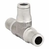 Stainless steel tube tee fitting with push-to-connect ends for tool-free installation. Connects three tubes of equal 1/2 in outside diameter. Used in pneumatic and fluid-handling systems to create branch connections