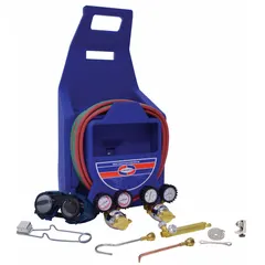 This portable brazing and welding outfit is configured for acetylene service. It includes a regulator with a CGA 200 fuel connection for standard acetylene cylinders. Suitable for cutting, brazing, and welding tasks in maintenance, repair, and light fabrication applications.