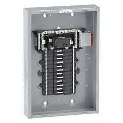 This 100A main circuit breaker load center is rated for 120/240V AC, single-phase, with 24 spaces and a 22kA short-circuit current rating. It supports up to 10 tandem breakers and features a convertible plug-on neutral design for indoor use. The enclosure cover is ordered separately.