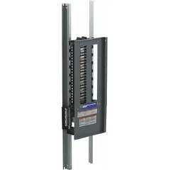 This 600 A panelboard interior features a copper bus and accommodates QHB, QOB, and QOB-VH circuit breakers. With 42 spaces and dimensions of 45 in height by 10 7/16 in width, it is suitable for use in commercial and industrial electrical distribution systems as a main lug convertible panel interior.